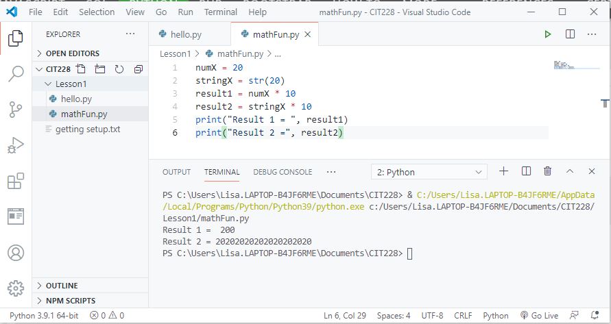 code for the mathFun.py script